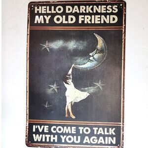 Hello Darkness Tin Sign 12×8 Vintage Moon Art Retro Music Inspired Wall Decor